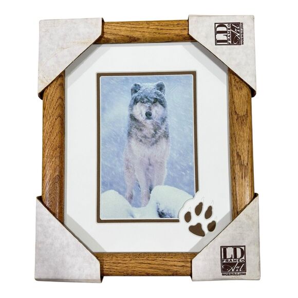 Vintage Wood Framed Wolf Print Paw Matted Cabin Woods Wall Decor 9.5” X 11.5”New - Picture 1 of 12